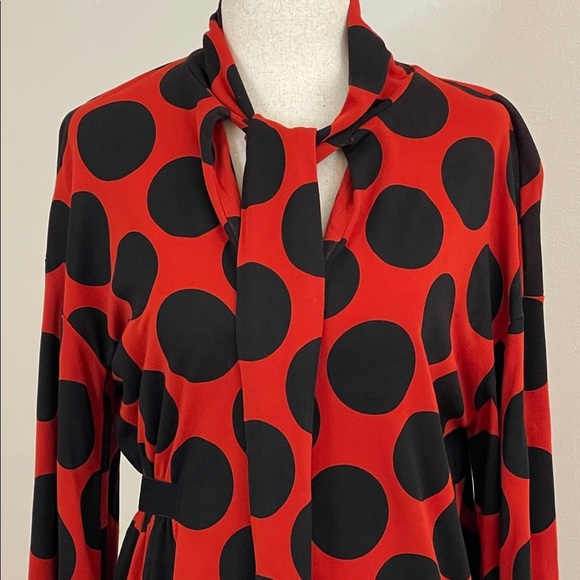 Zara Collection Woman Red Polka Dot Midi Dress V-Neck Bow Tie Long Sleeve M - Picture 2 of 9